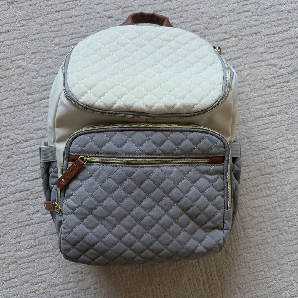 Lovevook Diaper Bag‎ Backpack Grey Cream Quilted Multi-Pocket Travel Bag